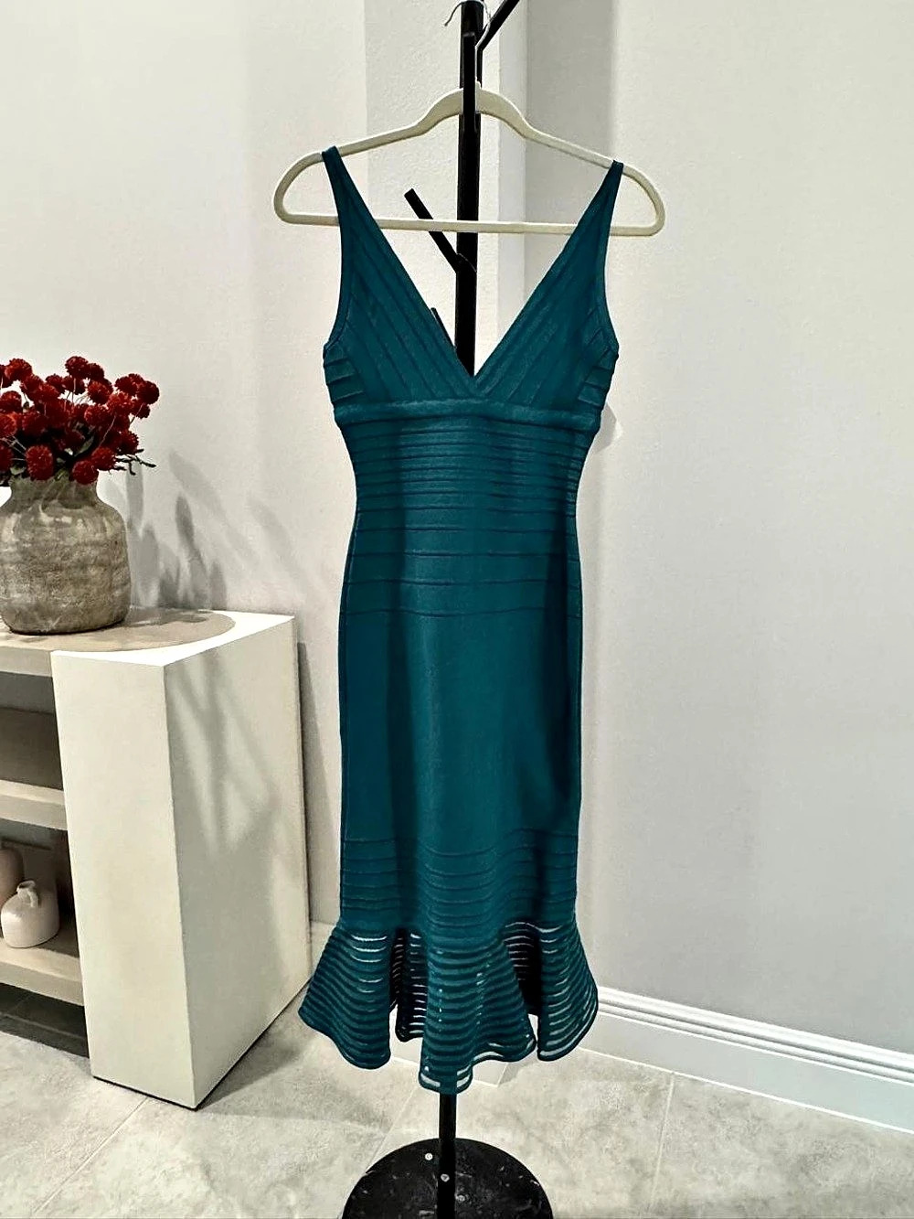 Herve Leger V-Neck Bandage Flare Hem Midi Dress Blue